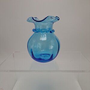 Pilgrim Ruffle Vase Hand Blown Blue Glass Clear Ribbed Applied
